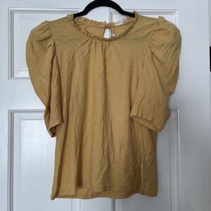 Nation Ltd Top Womens Medium Golden Yellow Puff Sleeve Ruffle Neck Pima Cotton